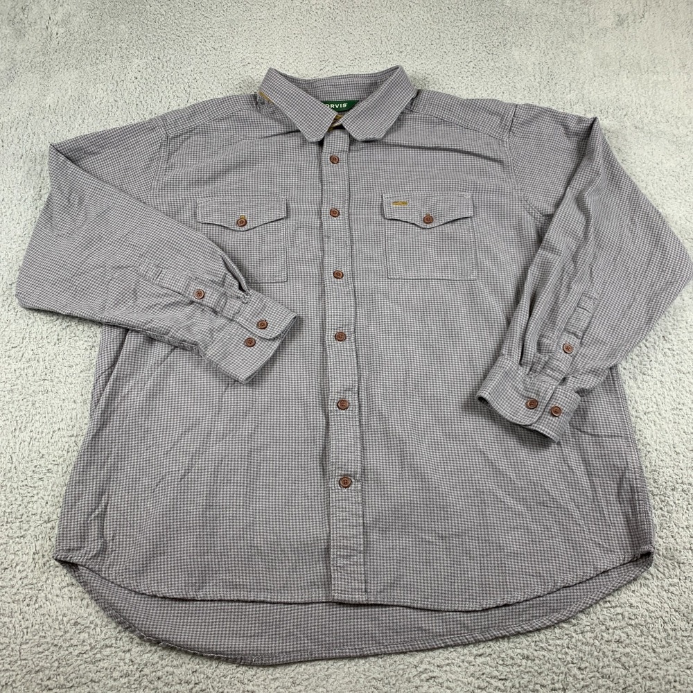 Orvis Shirt Mens 2XL XXL Grey Houndstooth Fairbanks Flannel Outdoor Long Sleeve